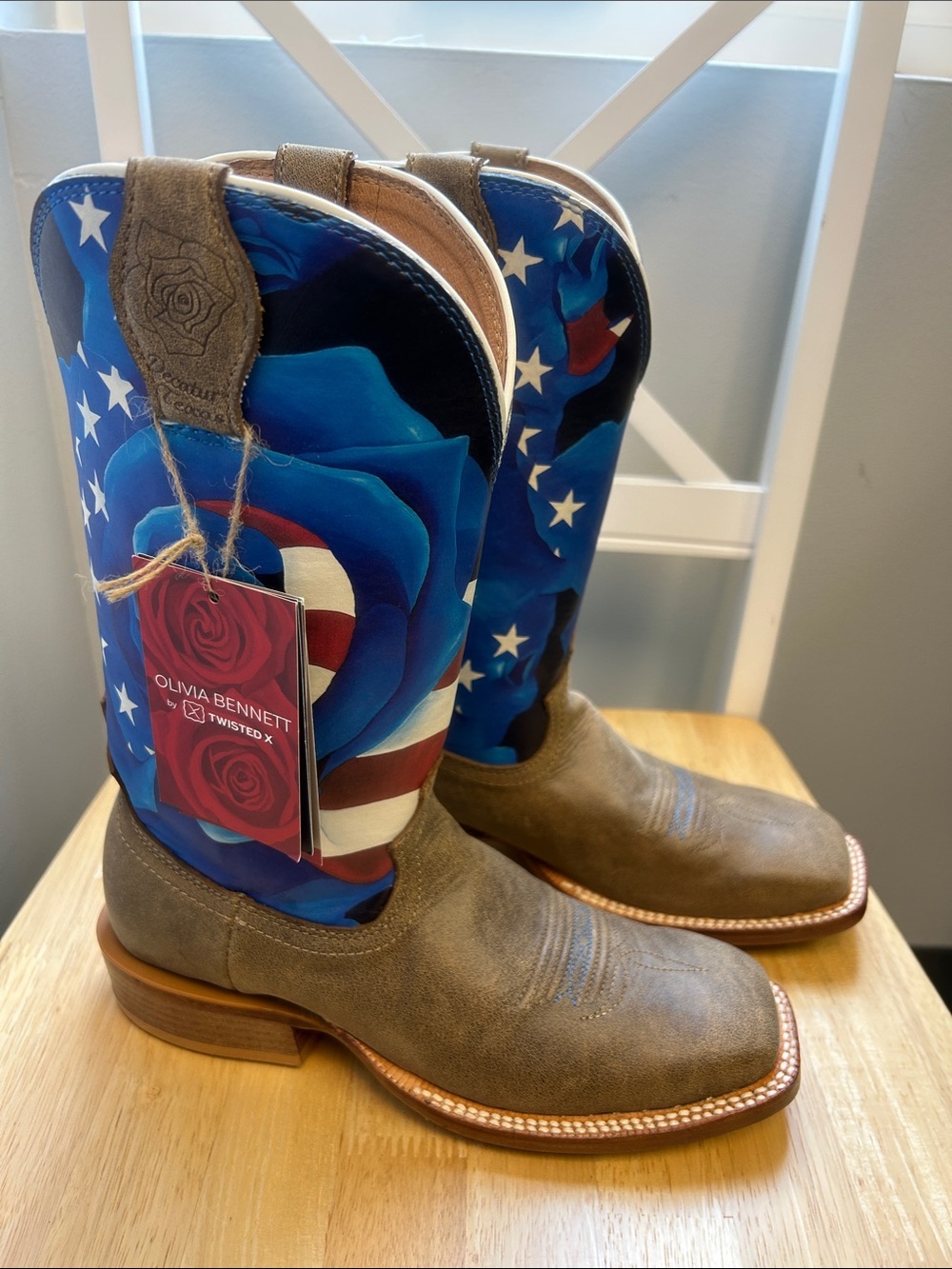 NWT Olivia Bennett Twisted  X Leather 11” Western Boots American Flag Rose Print